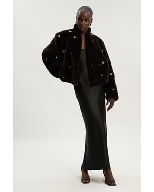 Karen Millen Crystal Embellished Faux Fur Short Coat - Black