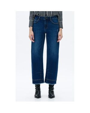 Bayeas Frayed Mid Rise Ankle Barrel Leg Jeans - Blue