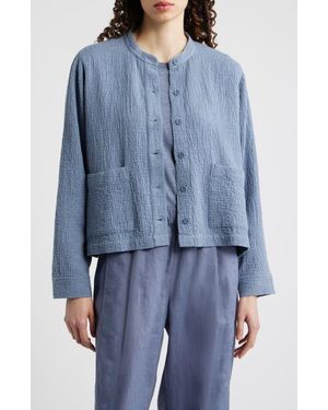 Eileen Fisher Mandarin Textured Stretch Organic Cotton Shirt Jacket - Blue