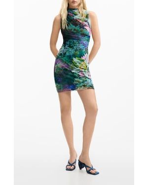 Desigual Floral Print Ruched Mesh Minidress - Blue