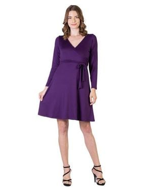 24seven Comfort Apparel Chic V-Neck Long Sleeve Belted Dress - Purple