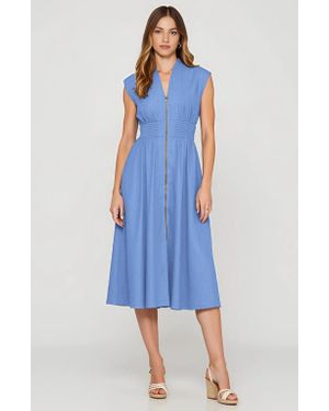Modenaire Zip Front Midi Dress With Cap Sleeves And Smocked Waist - Blue