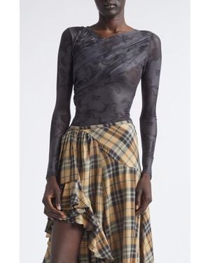 Collina Strada Cardio Wrapped Floral Scribble Mesh Top - Multicolor