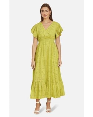 Yumi' Cotton Broderie Anglaise Wrap Midi Dress - Yellow