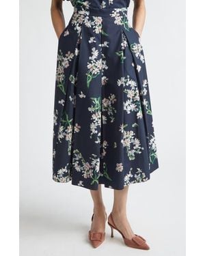 Erdem Floral Pleated Organic Cotton Poplin Midi Skirt - Blue