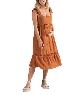 Cache Coeur Melody Organic Cotton Gauze Maternity/Nursing Midi Dress - Orange