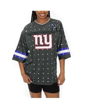 Gameday Couture New York Giants Kickoff Time Allover Rhinestone Sports Stripe Jersey V-Neck T-Shirt - Gray