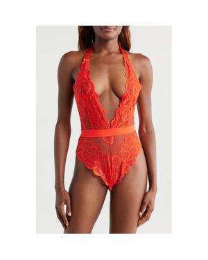 Kilo Brava Floral Lace Halter Teddy - Red