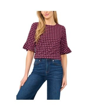 Cece Geo Print Ruffle Cuff Top - Black