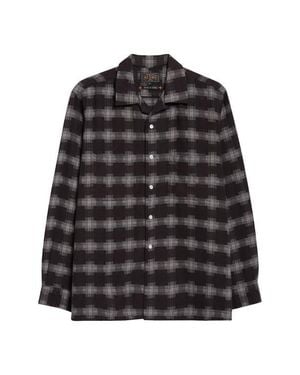 Beams Plus Open Collar Brushed Plaid Flannel Button-Up Shirt - Black