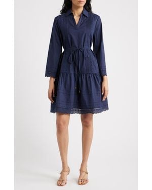 Julia Jordan Lace Trim Tie Waist Long Sleeve Dress - Blue