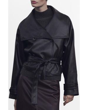 Mango Auro Double Breasted Faux Leather Jacket - Blue