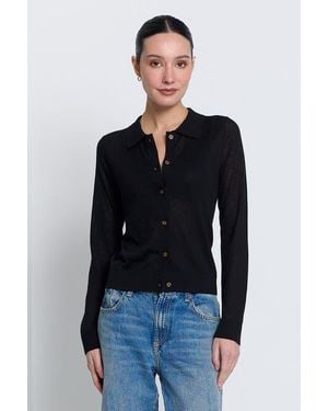 Central Park West Sienna Sheer Isla Button Up Collared Sweater - Blue