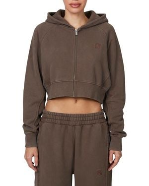 Good For Nothing Ribbed Emblem Crop Zip Hoodie - Brown
