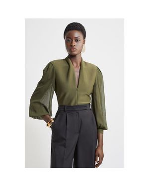 Karen Millen Zip Detail Chiffon Sleeve Knit Top - Green