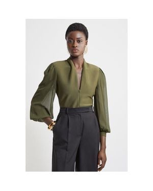 Karen Millen Zip Detail Chiffon Sleeve Knit Top - Green
