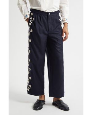 Bode Snowdrop Appliqué Wool Blend Pants - Blue