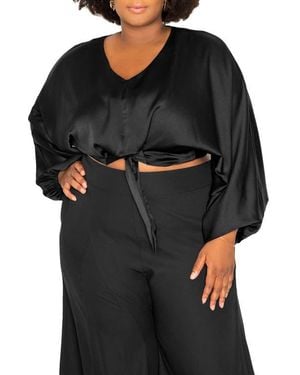 Buxom Couture Tie Front Long Sleeve Satin Blouse - Black