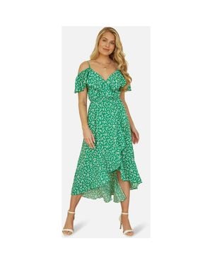 Yumi' Ditsy Print Bardot Midi Dress - Green