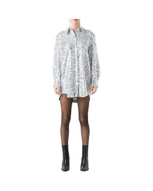Grey Lab Sequin Long Sleeve Mini Shirtdress - Gray