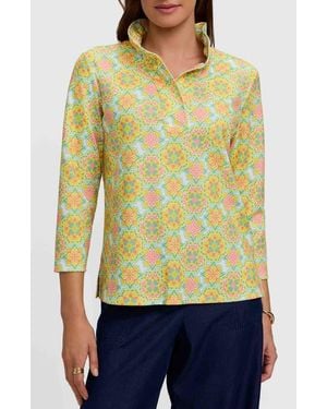 Foxcroft Tammy Tile Print Ruffle Collar Top - Yellow