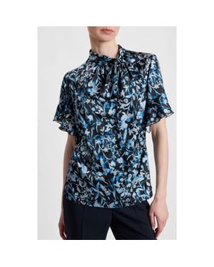 Santorelli Athena Floral Blouse With Short Flutter Sleeves - Blue