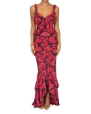 JLUXLABEL La Costa Ruffle Stretch Mesh High-Low Dress - Red