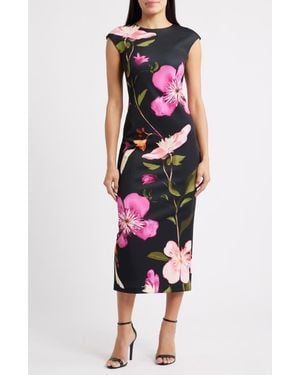 Vince Camuto Floral Cap Sleeve Sheath Midi Dress - Red