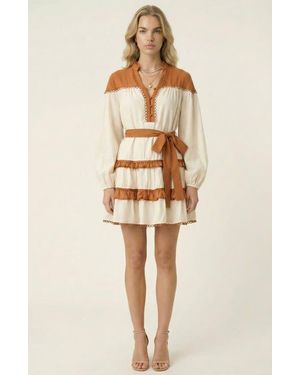 Modenaire Contrast Trim Mini Dress With Waist Tie And Tiered Skirt - Multicolor