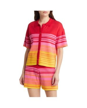 Monrow Stripe Polo Sweater - Red
