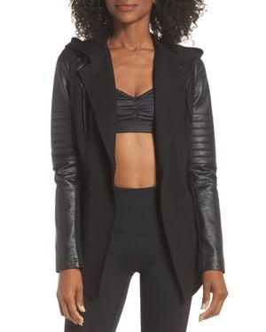 BLANC NOIR Hooded Moto Blazer With Faux Leather Sleeves - Black