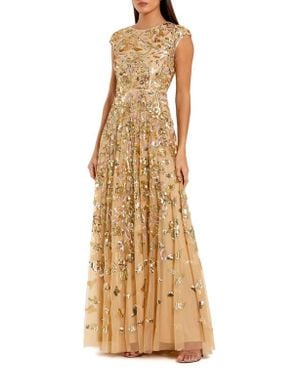 Mac Duggal Sequin Mesh High Neck Cap Sleeve A Line Gown - Natural