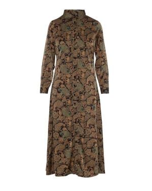Coco de la Mour Satin Long Sleeve Button-Down Midi Shirt Dress - Brown