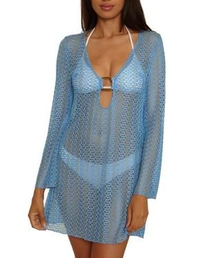 Becca Metallic Long Sleeve Sheer Cover-Up Dress - Blue
