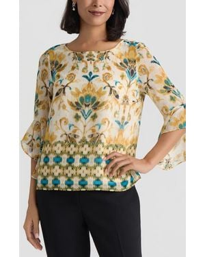 Kasper Border Print Ruffle Sleeve Top - Multicolor