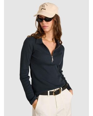 Baukjen Cotton Zip Collar Ribbed Top - Blue