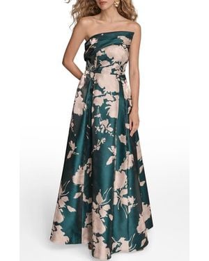 Donna Karan Floral Print Strapless Satin Gown - Green