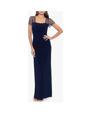Betsy & Adam Faraj Rhinestone Sleeve Detail Column Gown - Blue