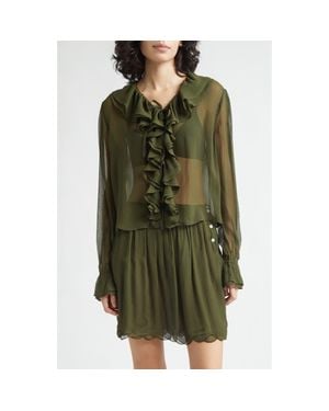 Bode Flounce Ruffle Silk Top - Green