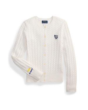 Polo Ralph Lauren Kids' Us Open Embroidered Cable Cotton Cardigan - White