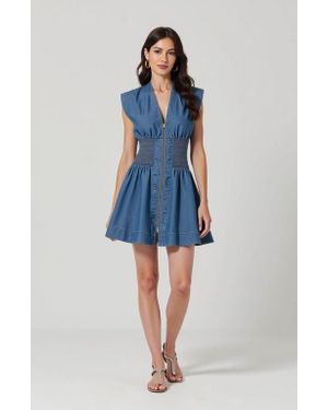 Modenaire Denim Cap Sleeve Smocked Waist Front Zip Mini Dress - Blue