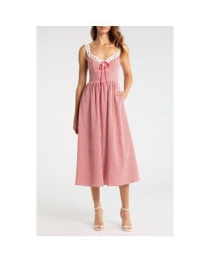 Wayf Lilibet Gingham Lace Trim Midi Dress - Pink
