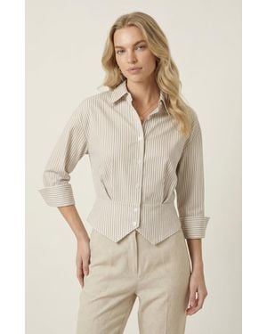 Modenaire Striped Button Down Tailored Waist Shirt - Natural