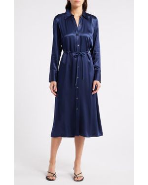 Rails Anina Tie Waist Long Sleeve Satin Shirtdress - Blue
