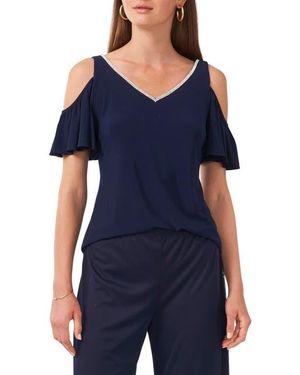 Chaus Rhinestone Trim Cold Shoulder Top - Blue