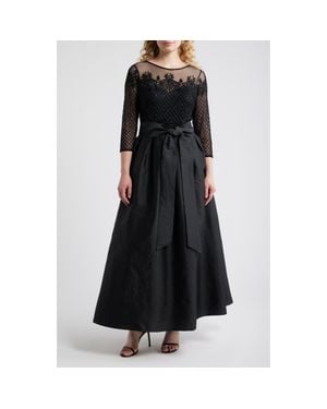 Pisarro Nights Illusion Neck Beaded A-Line Taffeta Gown - Black