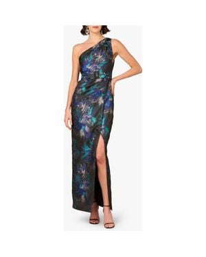 Aidan Mattox Print Belted Jacquard One-Shoulder Gown - Blue