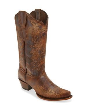 Circle Floral Embroidered Western Boot - Brown