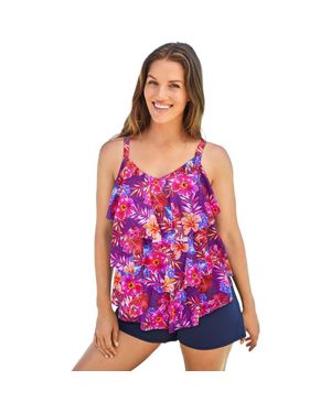 Swim 365 Longer-Length Tiered-Ruffle Tankini Top - Purple