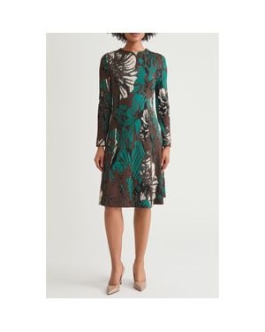 Ming Wang Floral Jacquard Long Sleeve Knit Dress - Green